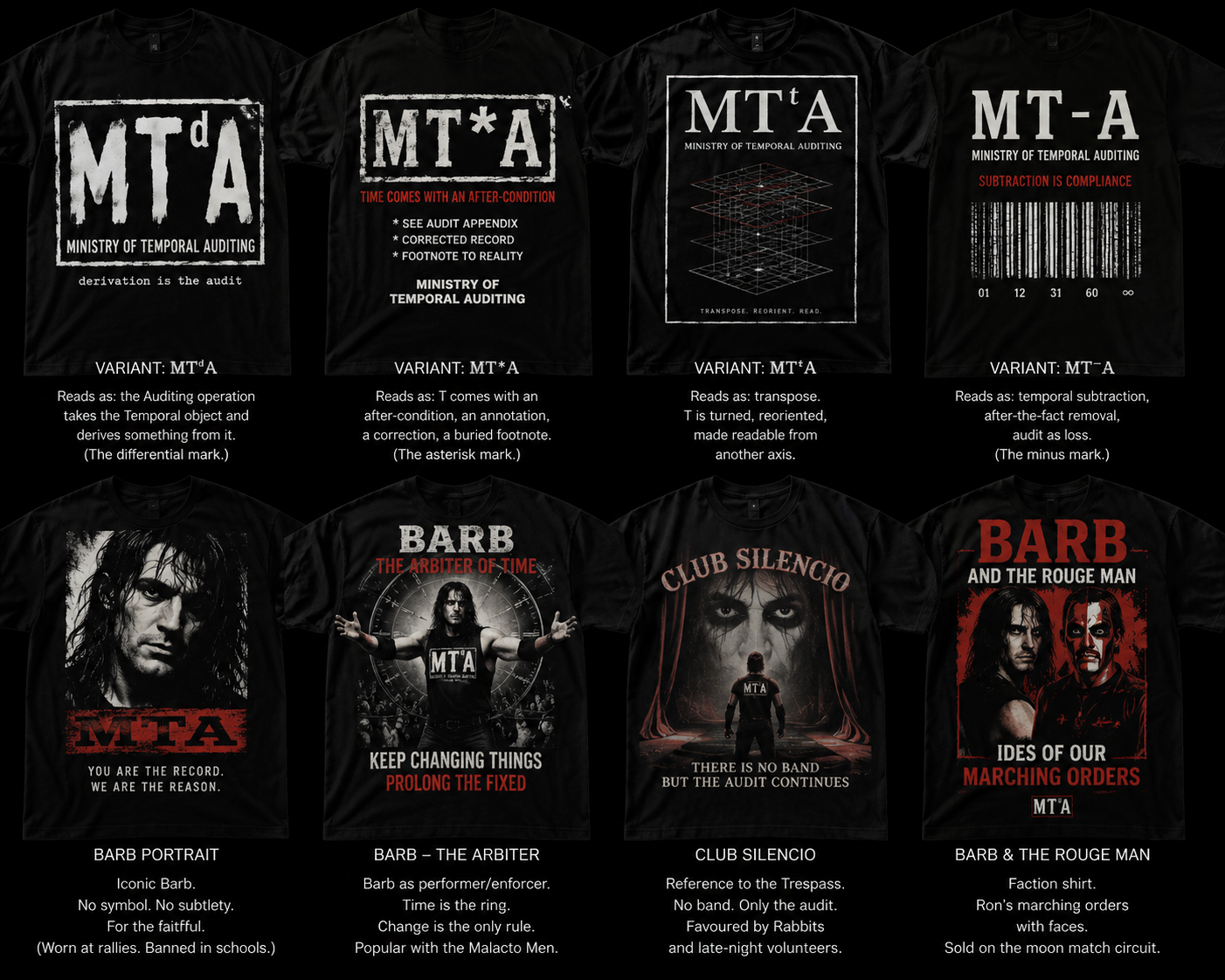 A black poster sheet of eight Ministry of Temporal Auditing, Barb, Club Silencio and Rouge Man T-shirt designs