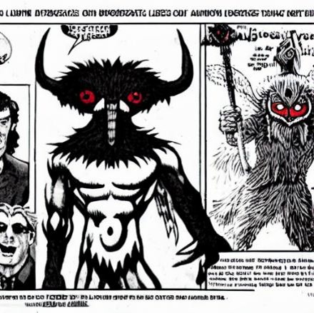 A distressed black-and-white drawing of red-eyed horned and winged Mothman figures